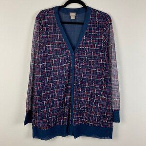 Chicos Sweater Cardigan V Neck Sheer Sleeves Blue Stretch Size 2 / US L